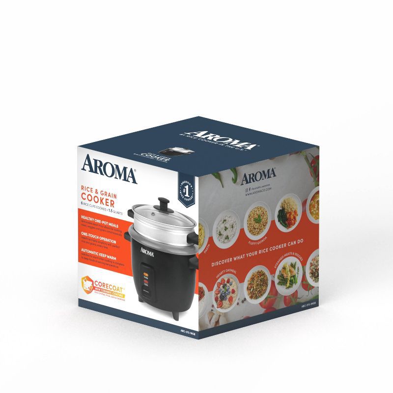slide 12 of 12, Aroma 6 Cup Rice Cooker with Outer Steam Tray Black, 1 ct