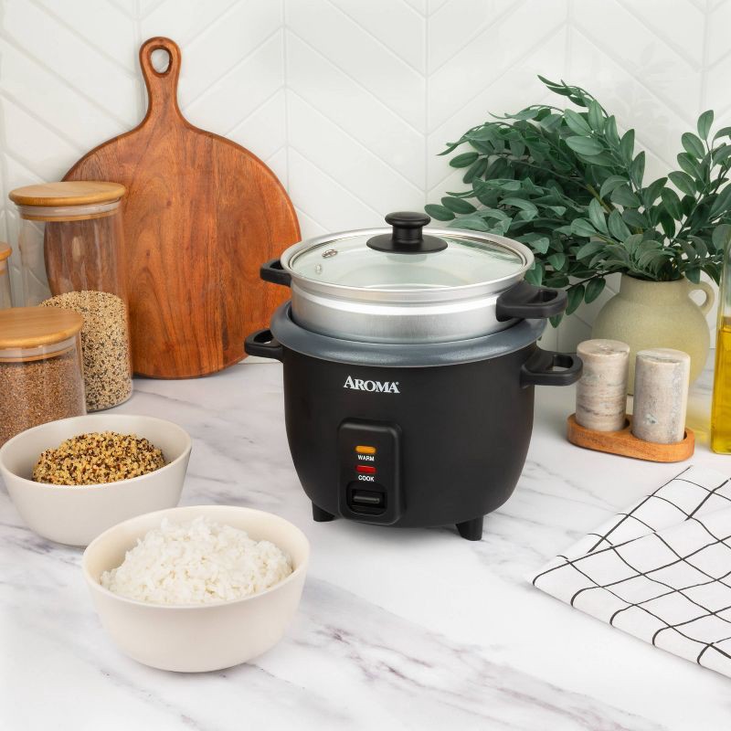 slide 5 of 12, Aroma 6 Cup Rice Cooker with Outer Steam Tray Black, 1 ct