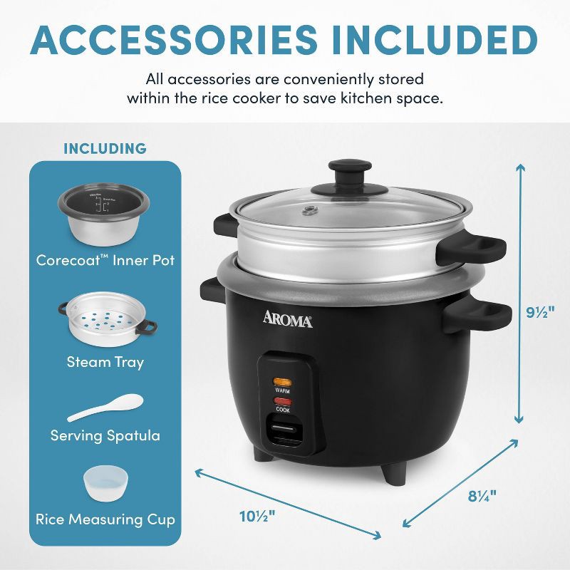 slide 7 of 12, Aroma 6 Cup Rice Cooker with Outer Steam Tray Black, 1 ct