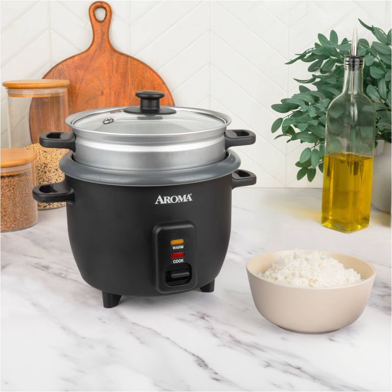slide 11 of 12, Aroma 6 Cup Rice Cooker with Outer Steam Tray Black, 1 ct