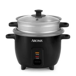 Aroma 6 Cup Rice Cooker with Outer Steam Tray Black