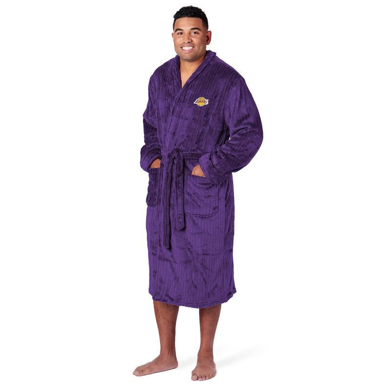 slide 1 of 3, NBA Los Angeles Lakers Ribbed Robe: Midweight Polyester, Loose Fit, Front Tie, 1 ct