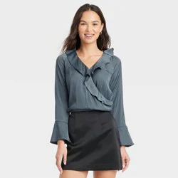 Women's Flounce Long Sleeve V-Neck Ruffle Wrap Blouse - A New Day™ Teal L