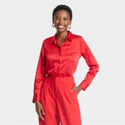 Women's Long Sleeve Satin Button-Down Shirt - A New Day™ Red S
