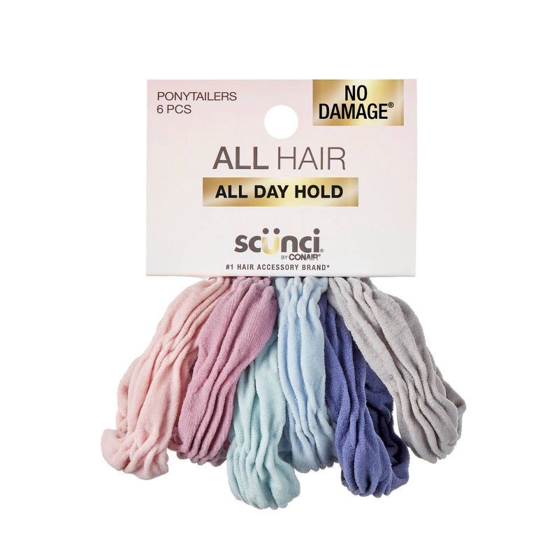 slide 1 of 8, scunci scünci No Damage Super Comfy Ruched Fabric Hosiery Elastic Hair Tie Ponytailers - Assorted Colors - All Hair - 6pcs, 6 ct