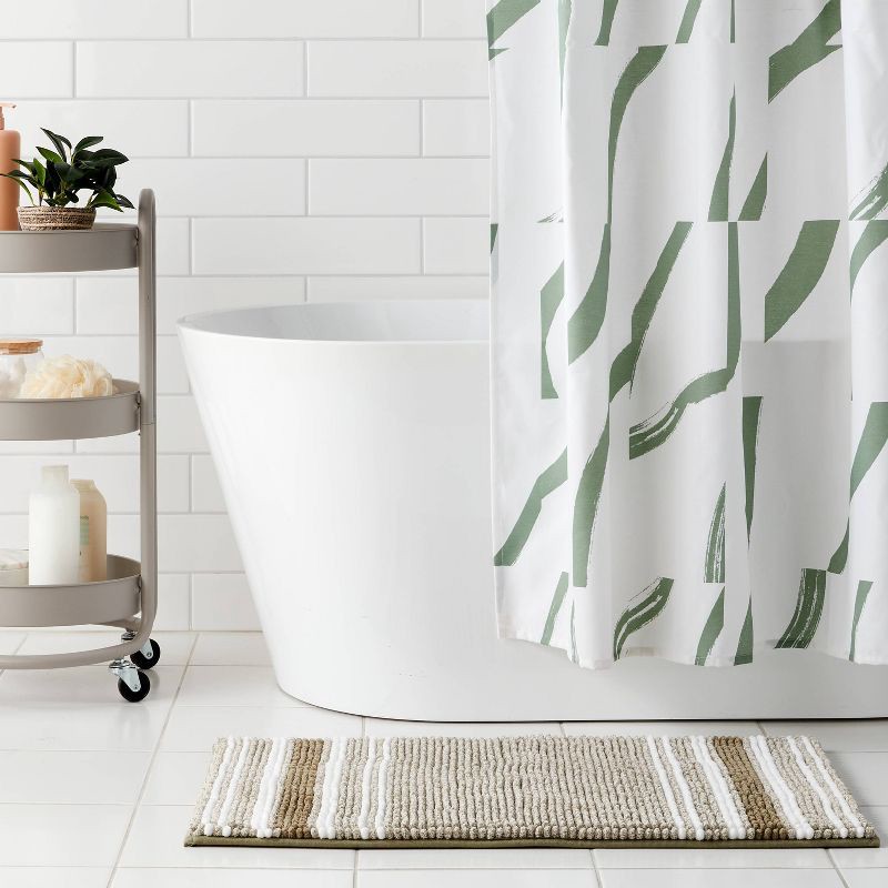 slide 2 of 4, 20"x34" Low Chenille Memory Foam Bath Rug Green Striped - Threshold™, 1 ct