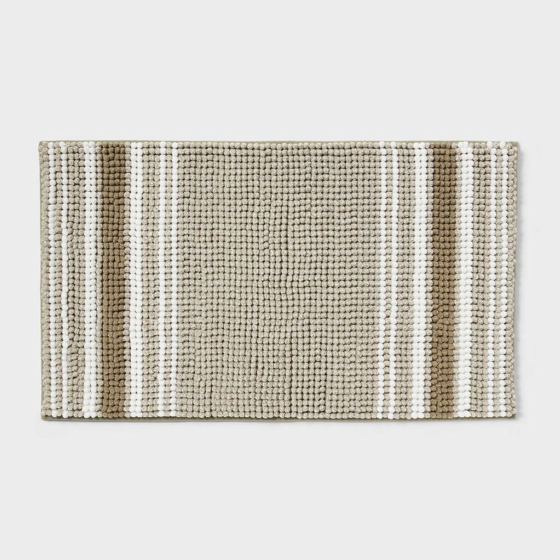 slide 1 of 4, 20"x34" Low Chenille Memory Foam Bath Rug Green Striped - Threshold™, 1 ct