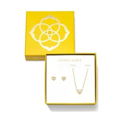 Kendra Scott Anna Pendant Necklace and Stud Earring Gift Set - Gold/White: 14K Gold Over Brass, Lobster Claw Clasp