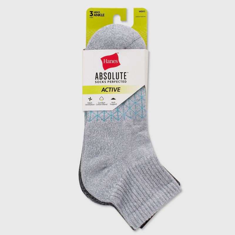slide 2 of 6, Hanes Men's 3pk Absolute Active Cushioned Ankle Socks - Gray/Black 6-12: Arch Support, 3 ct