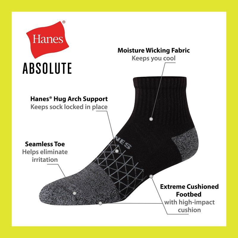 slide 3 of 6, Hanes Men's 3pk Absolute Active Cushioned Ankle Socks - Gray/Black 6-12: Arch Support, 3 ct