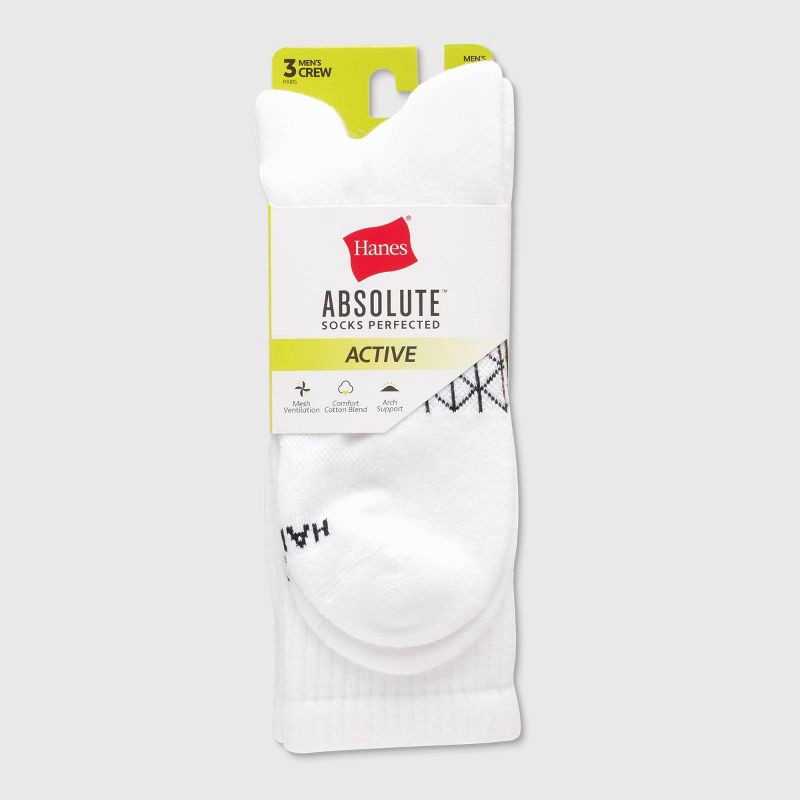 slide 2 of 6, Hanes Men's 3pk Absolute Active Cushioned Crew Socks - White/Black 6-12: Arch Support, Seamless Toe, 3 ct