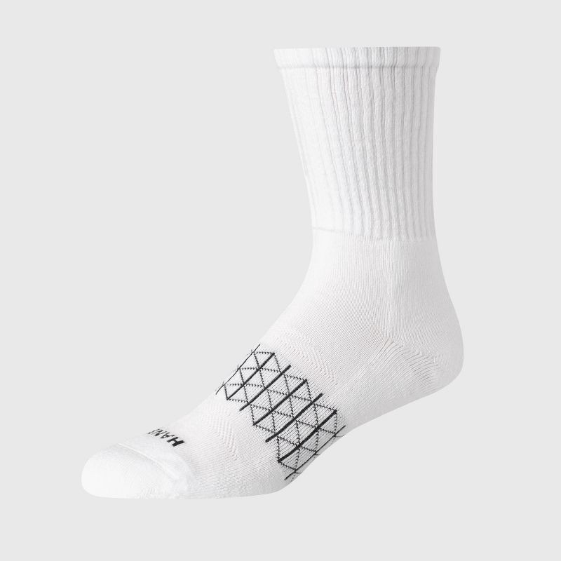 slide 4 of 6, Hanes Men's 3pk Absolute Active Cushioned Crew Socks - White/Black 6-12: Arch Support, Seamless Toe, 3 ct