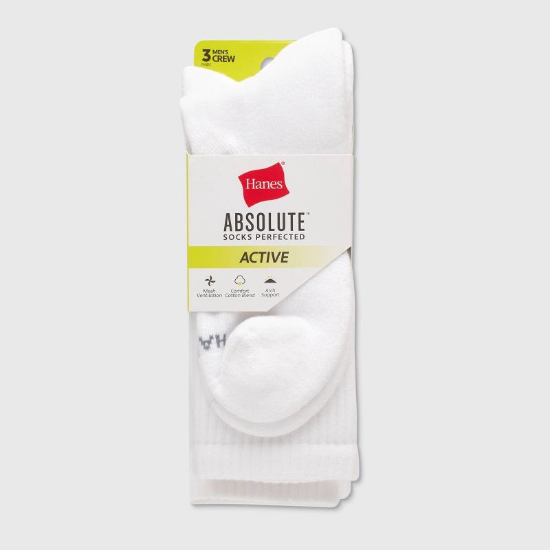 slide 2 of 6, Hanes Men's 3pk Absolute Active Cushioned Crew Socks - White 6-12: Cotton Blend, Arch Support, Seamless Toe, Breathable Mesh, 3 ct