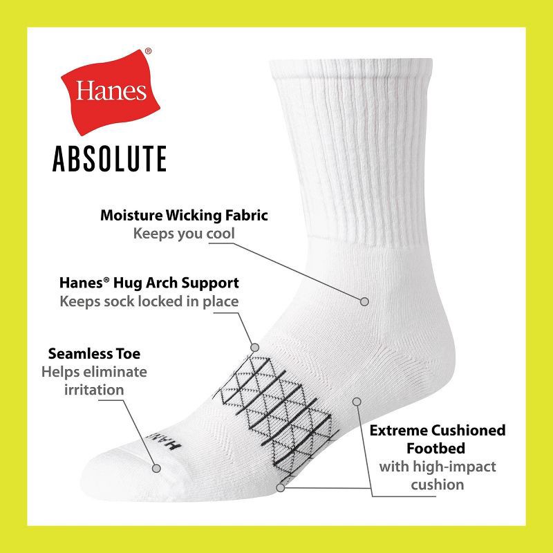 slide 3 of 6, Hanes Men's 3pk Absolute Active Cushioned Crew Socks - White 6-12: Cotton Blend, Arch Support, Seamless Toe, Breathable Mesh, 3 ct
