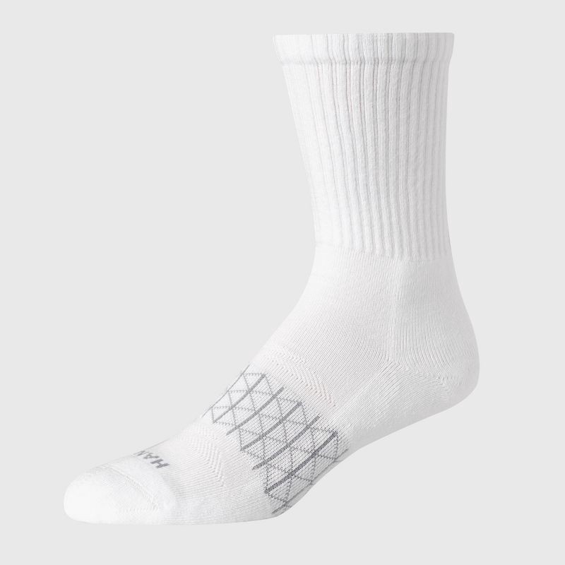 slide 4 of 6, Hanes Men's 3pk Absolute Active Cushioned Crew Socks - White 6-12: Cotton Blend, Arch Support, Seamless Toe, Breathable Mesh, 3 ct