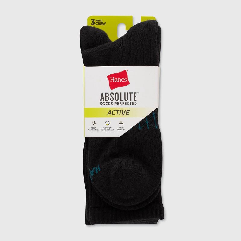 slide 2 of 6, Hanes Men's 3pk Absolute Active Cushioned Crew Socks - Blue/Black 6-12: Arch Support, Seamless Toe, 3 ct