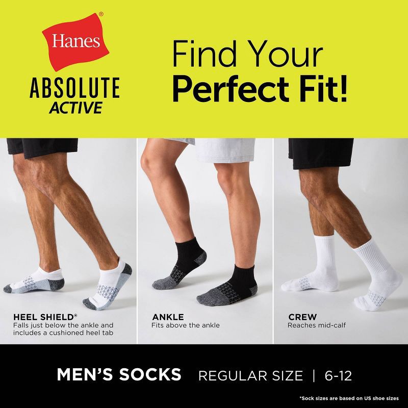 slide 5 of 6, Hanes Men's 3pk Absolute Active Cushioned Crew Socks - Blue/Black 6-12: Arch Support, Seamless Toe, 3 ct