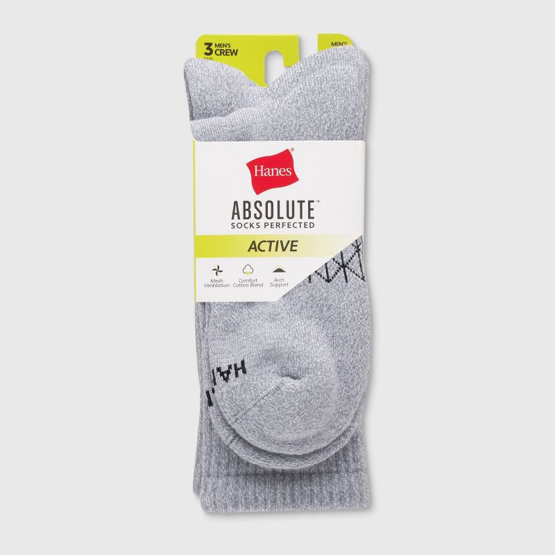 slide 2 of 6, Hanes Men's 3pk Absolute Active Cushioned Crew Socks - White/Gray 6-12: Arch Support, 3 ct