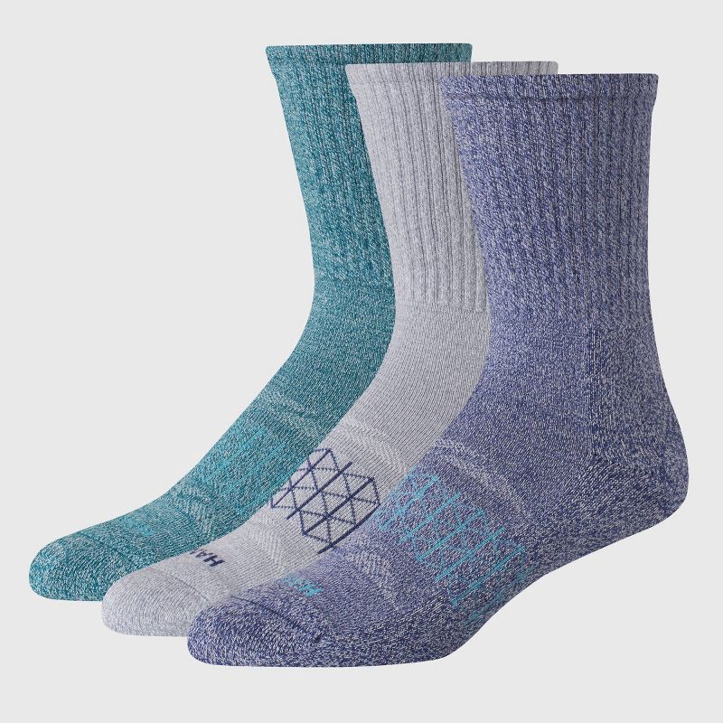 slide 1 of 6, Hanes Men's 3pk Absolute Active Cushioned Crew Socks - Blue/Gray 6-12: Breathable, Arch Support, Seamless Toe, 3 ct
