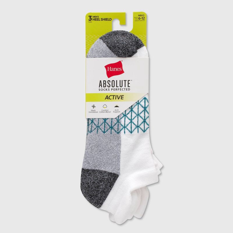 slide 2 of 6, Hanes Men's 3pk Absolute Active Cushioned Heel Shield Socks - White/Blue/Charcoal Gray 6-12: Cotton Blend, Arch Support, Seamless Toe, 3 ct