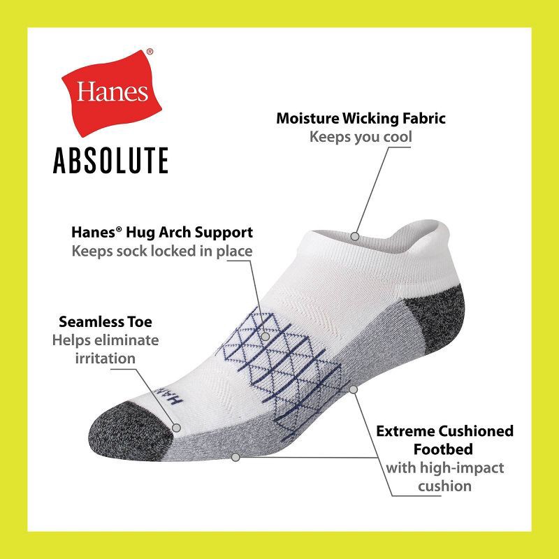 slide 3 of 6, Hanes Men's 3pk Absolute Active Cushioned Heel Shield Socks - White/Blue/Charcoal Gray 6-12: Cotton Blend, Arch Support, Seamless Toe, 3 ct