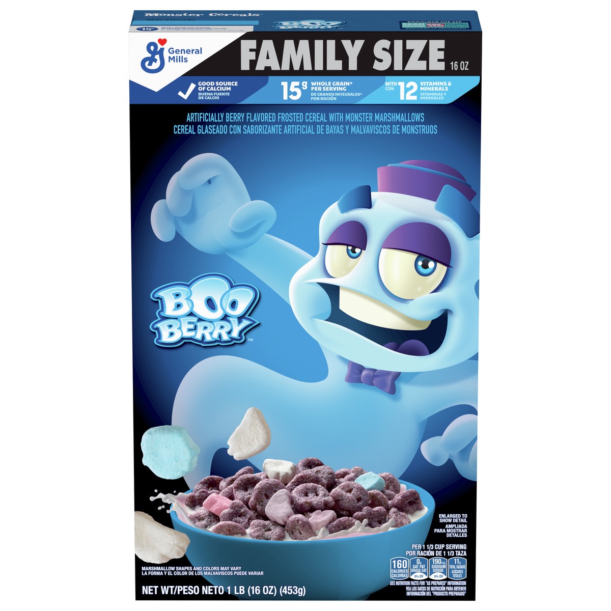 slide 1 of 9, Boo Berry Cereal with Monster Marshmallows, Kids Breakfast Cereal, Limited Edition, Made with Whole Grain, Family Size, 16 oz , 16 oz