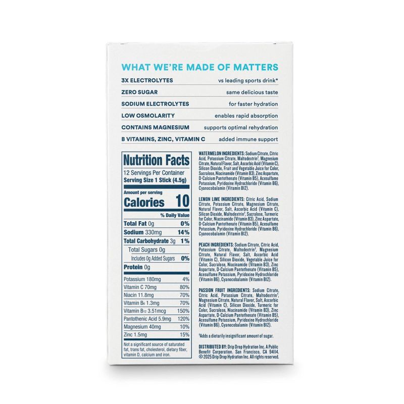 slide 2 of 10, DripDrop Zero Sugar Hydration Powder Vegan Electrolyte Supplements - Watermelon, Lemon Lime, Peach, Passion Fruit - 1.9oz/12ct, 1.9 oz, 12 ct