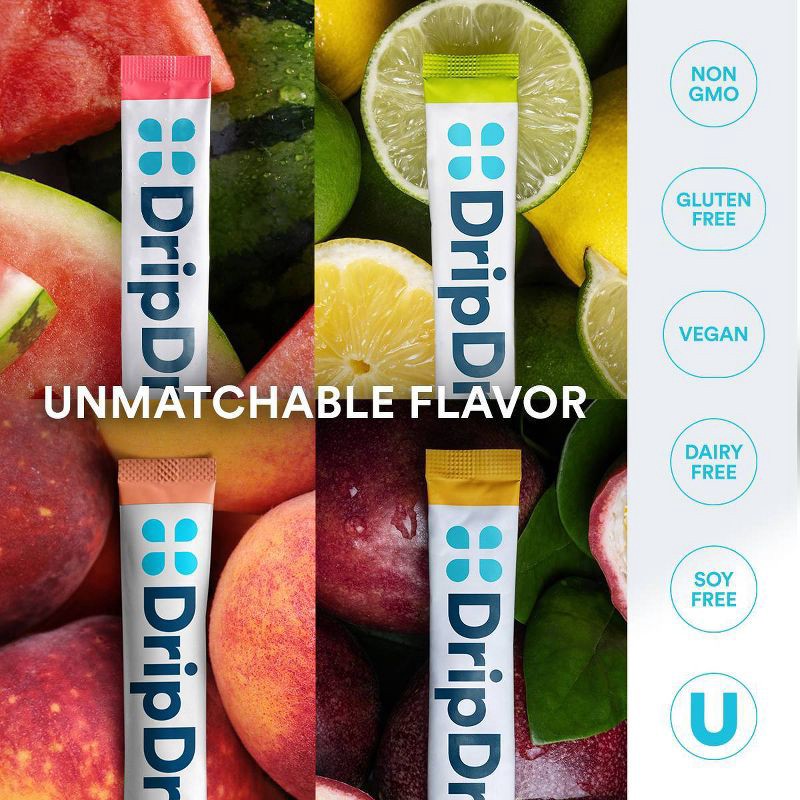 slide 10 of 10, DripDrop Zero Sugar Hydration Powder Vegan Electrolyte Supplements - Watermelon, Lemon Lime, Peach, Passion Fruit - 1.9oz/12ct, 1.9 oz, 12 ct