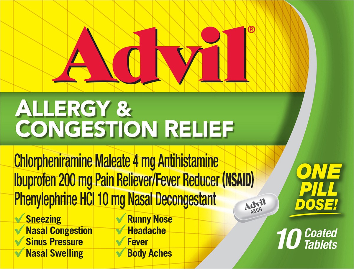 slide 8 of 10, Advil Allergy & Congestion Relief, Coated Tablets, 10 ct