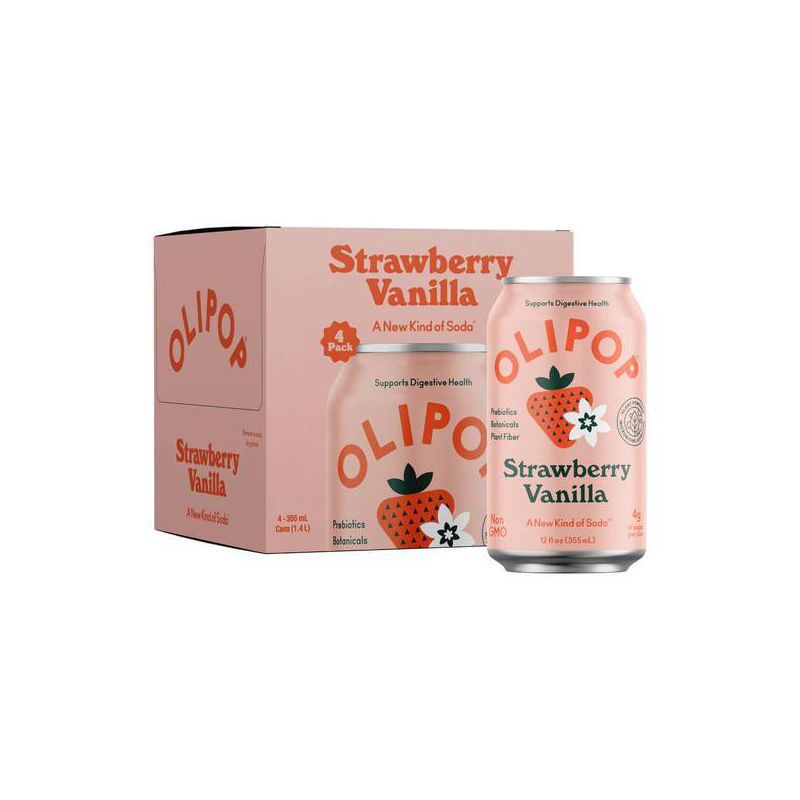 slide 1 of 7, Olipop Strawberry Vanilla Prebiotic Soda - 4ct/12 fl oz Cans, 4 ct; 12 fl oz