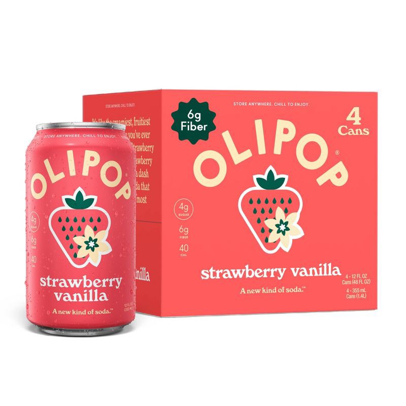 slide 1 of 8, OLIPOP Strawberry Vanilla Prebiotic Soda - 4ct/12 fl oz Cans, 4 ct; 12 fl oz