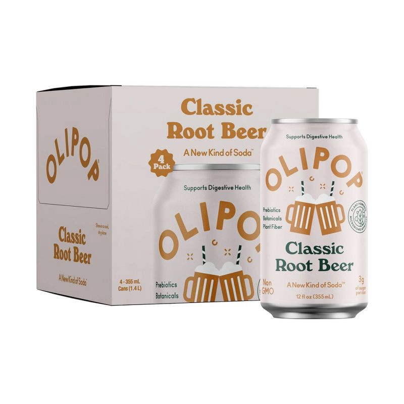 slide 1 of 8, OLIPOP Classic Root Beer Prebiotic Soda - 4ct/12 fl oz Cans, 4 ct; 12 fl oz