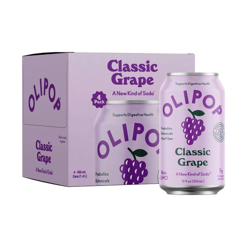 slide 1 of 7, OLIPOP Classic Grape Prebiotic Soda - 4ct/12 fl oz Cans, 4 ct; 12 fl oz