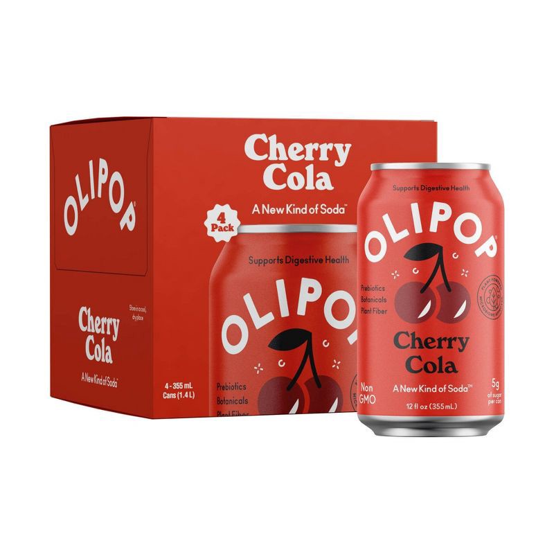 slide 1 of 8, OLIPOP Cherry Cola Prebiotic Soda - 4ct/12 fl oz Cans, 4 ct; 12 fl oz