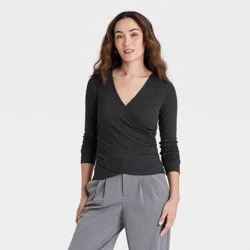 Women's Long Sleeve V-Neck Wrap Top - A New Day™ Gray XS