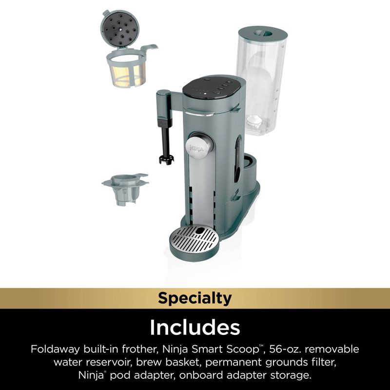 slide 13 of 13, Ninja Single-Serve Pods & Grounds Coffee Maker with Integrated Milk Frother Sage Green: Drip & Single Serve, 56 oz Capacity, 1550W, 56 oz