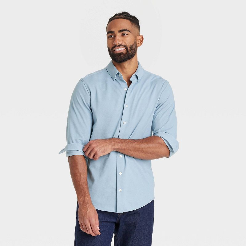 slide 1 of 3, Men's Long Sleeve Button-Down Casual Shirt - Goodfellow & Co™ Basin Blue XL: Lightweight Cotton Blend, French Cuff, Below Hip Length, 1 ct