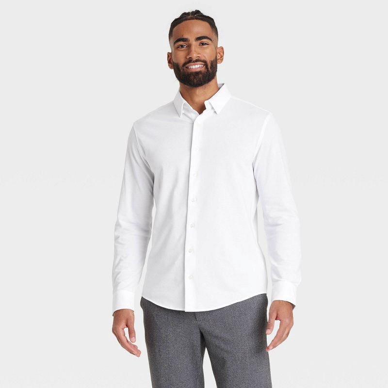 slide 1 of 3, Men's Long Sleeve Button-Down Casual Shirt - Goodfellow & Co™ True White XXL: Lightweight Knit, French Cuff, 1 ct