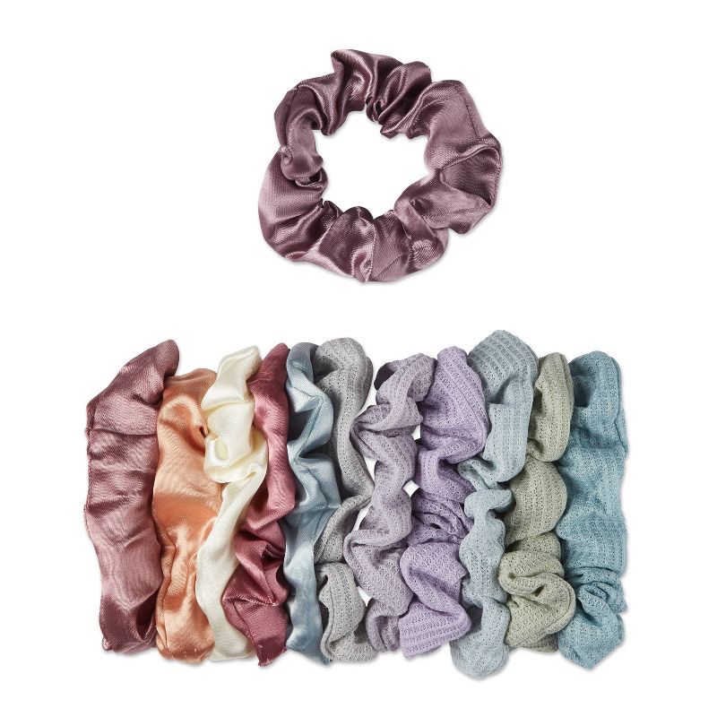 slide 2 of 8, scunci scünci Mixed Satin and Waffle Textured Scrunchies - Soft Pinks/Neutrals - All Hair - 12pcs, 12 ct