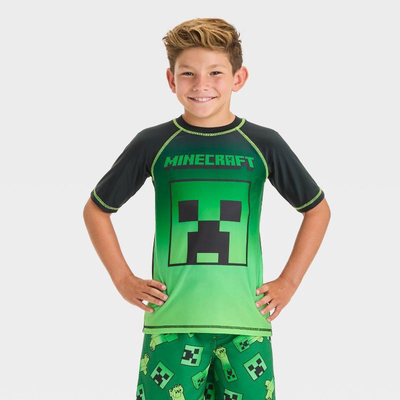 Boys' Minecraft Rash Guard Top - Green XS: UPF 50+ Fit Swimwear