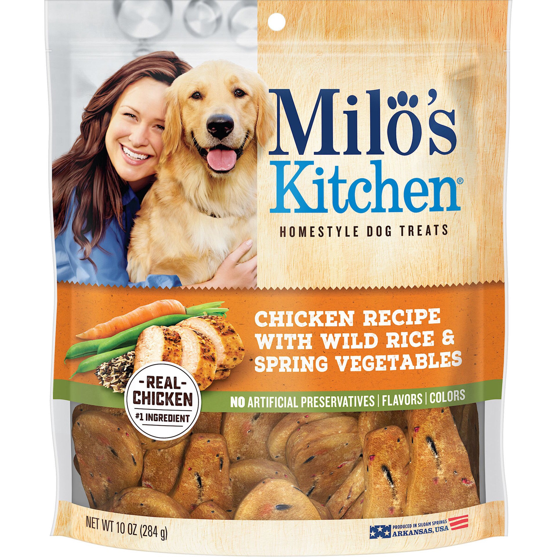 slide 1 of 4, Milo's Kitchen Homestyle Dog Treats, Chicken Recipe With Wild Rice & Spring Vegetables, 10-Ounce Bag , 10 oz