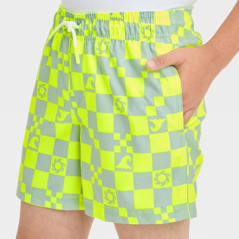 slide 3 of 3, Boys' Checkered Swim Shorts - Cat & Jack™ Green M: UPF 50+, Elastic Waist, Built-in Brief, 1 ct