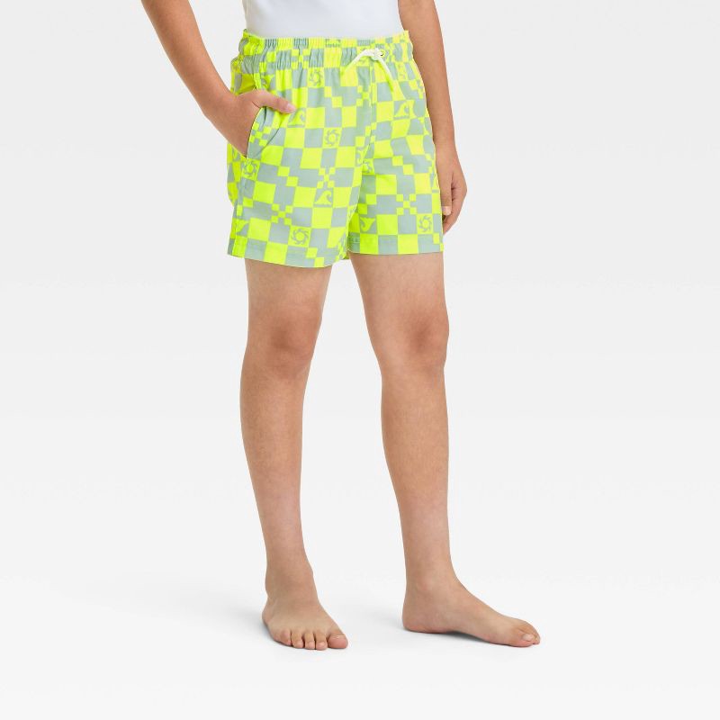 slide 1 of 3, Boys' Checkered Swim Shorts - Cat & Jack™ Green M: UPF 50+, Elastic Waist, Built-in Brief, 1 ct