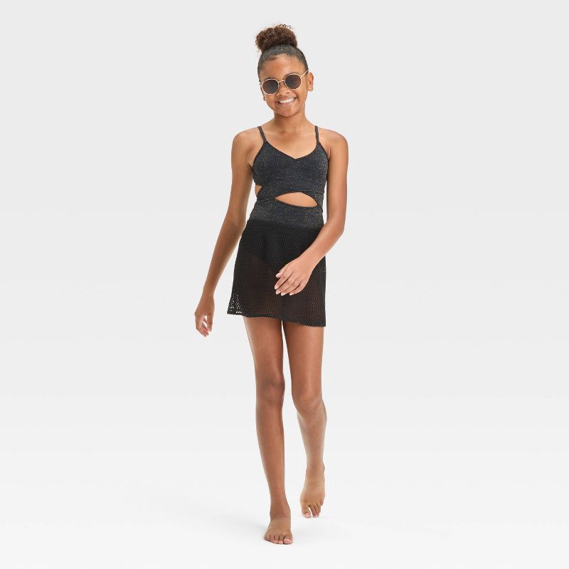 slide 3 of 3, Girls' Solid Cover Up Bottom - art class™ Black L: Recycled Polyester, Pull-On, Sheer Knit, Machine Washable, 1 ct