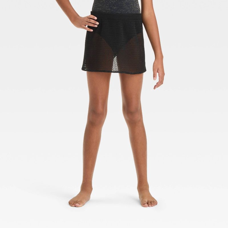 slide 1 of 3, Girls' Solid Cover Up Bottom - art class™ Black L: Recycled Polyester, Pull-On, Sheer Knit, Machine Washable, 1 ct