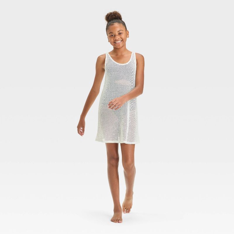 slide 3 of 3, Girls' Solid Cover Up Dress - art class™ Cream L: Recycled Polyester, Pullover, Unlined, Sheer Knit, Machine Washable, 1 ct