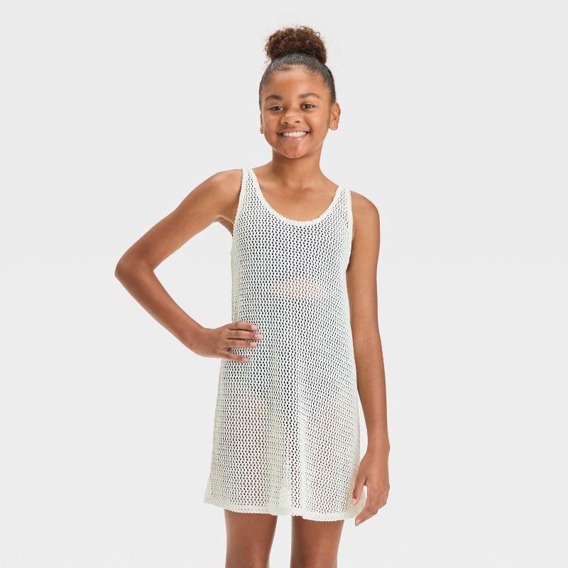 slide 1 of 3, Girls' Solid Cover Up Dress - art class™ Cream L: Recycled Polyester, Pullover, Unlined, Sheer Knit, Machine Washable, 1 ct