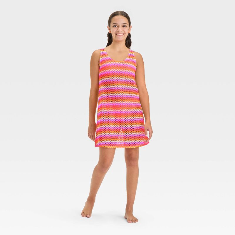 slide 3 of 3, Girls' Zig-Zag Cover Up Dress - art class™ XS: Recycled Polyester, Pullover, Classic Patterns, Knit, Sheer, Hand Wash, 1 ct