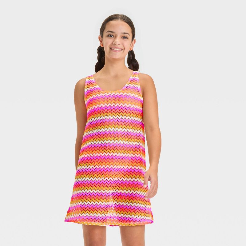 slide 1 of 3, Girls' Zig-Zag Cover Up Dress - art class™ XS: Recycled Polyester, Pullover, Classic Patterns, Knit, Sheer, Hand Wash, 1 ct