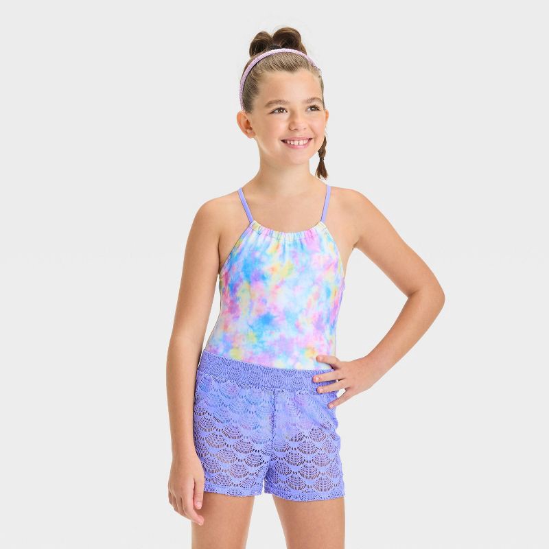 slide 1 of 4, Girls' Water Tie-Dye Design One Piece Swimsuit Set - Cat & Jack™ L: UPF 50+ Swimwear with Cover Up Bottom, Recycled Materials, 1 ct